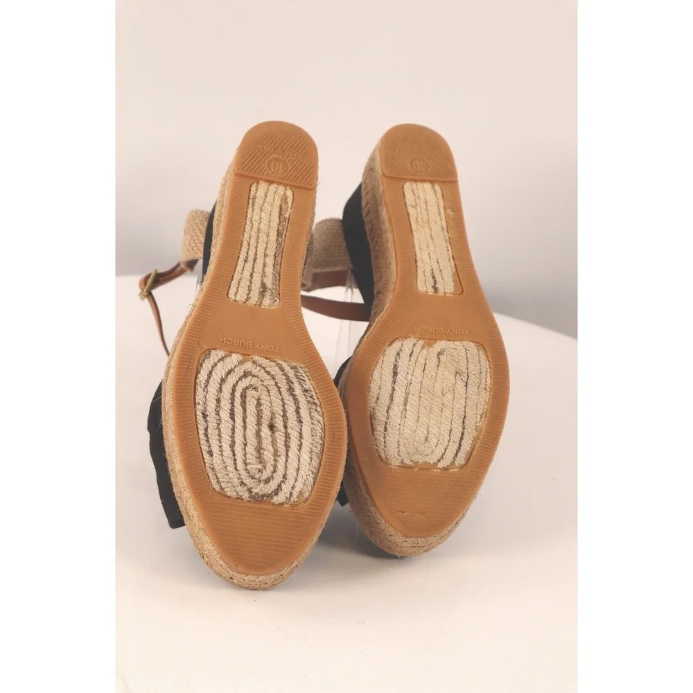Tory Burch Knotted Bow Espadrille Wedge Sandals Black/Tan Leather Strap Size 10 - Picture 10 of 10
